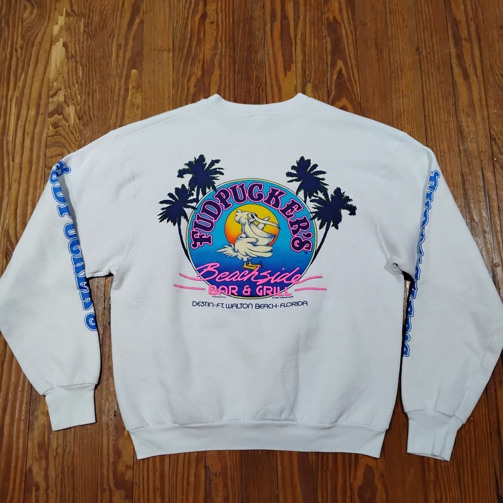 VINTAGE Fruit Of The Loom Sweatshirt Men Large White Fudpuckers Food Florida 80s